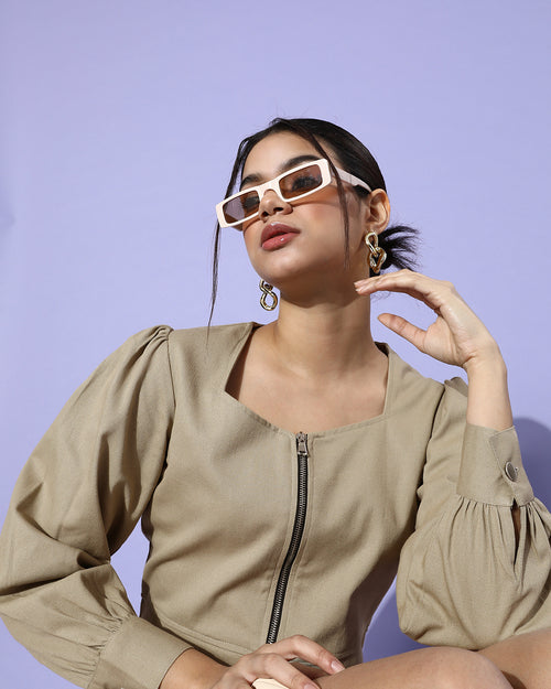 Women Beautiful Grey Solid Pure Cotton Puff Sleeves Jacket