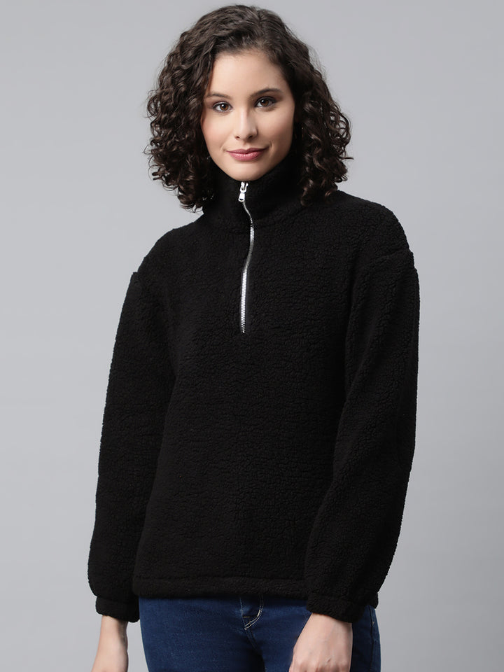 Women Black Faux Fur Sweatshirt, Half Zipper