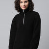 Women Black Faux Fur Sweatshirt, Half Zipper
