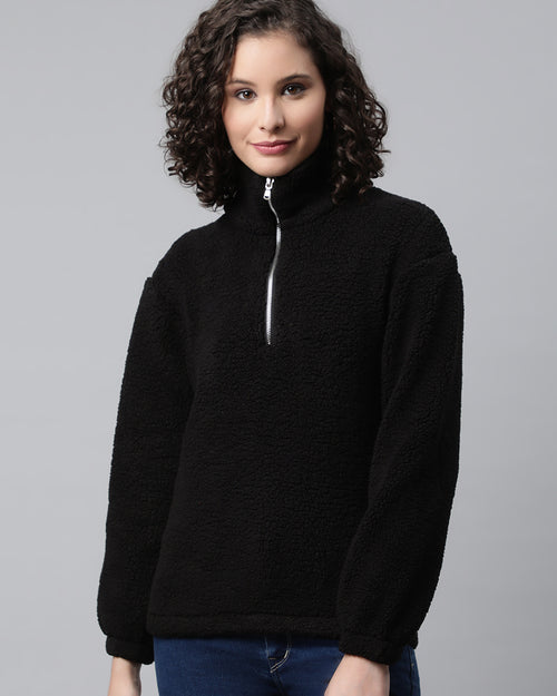 Women Black Faux Fur Sweatshirt, Half Zipper