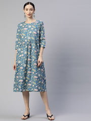 Turquoise Floral Cotton A-Line Midi Dress with Pocket