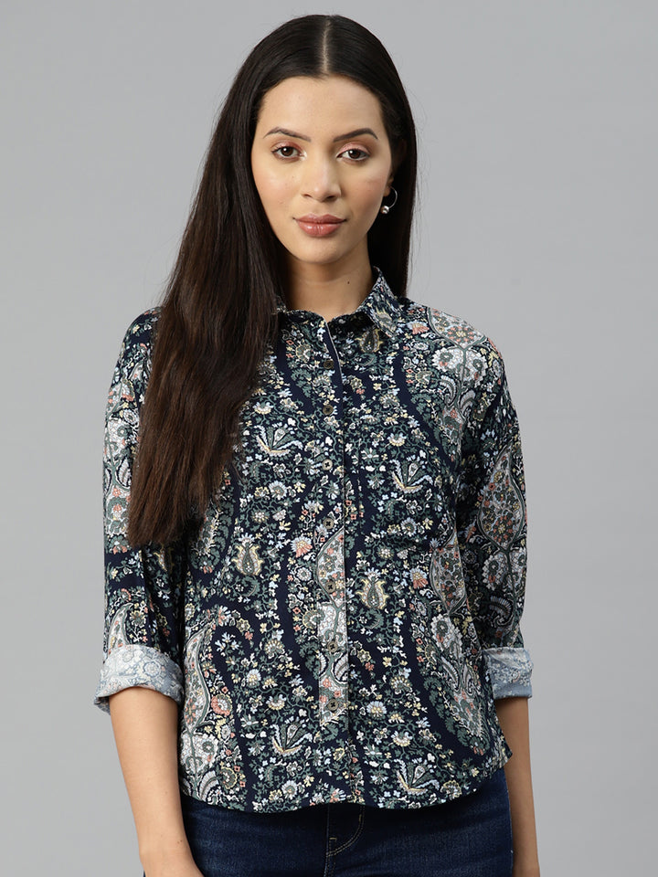 Navy Blue Floral Printed Casual Shirt