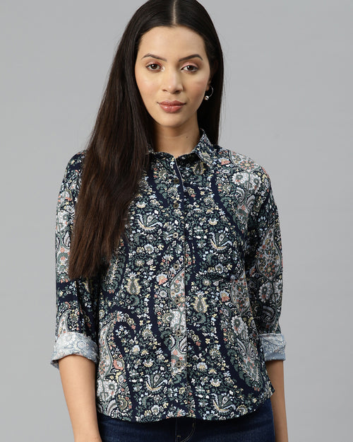 Navy Blue Floral Printed Casual Shirt
