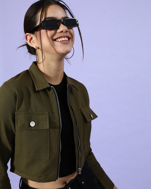 Olive Green Solid Pure Cotton Cropped Jacket