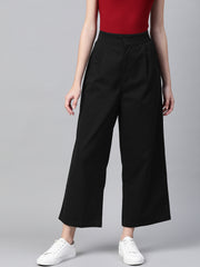 Women Black Cotton Cropped Parallel Trousers