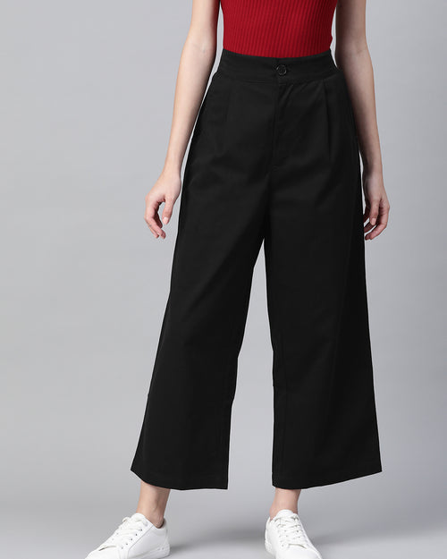 Women Black Cotton Cropped Parallel Trousers