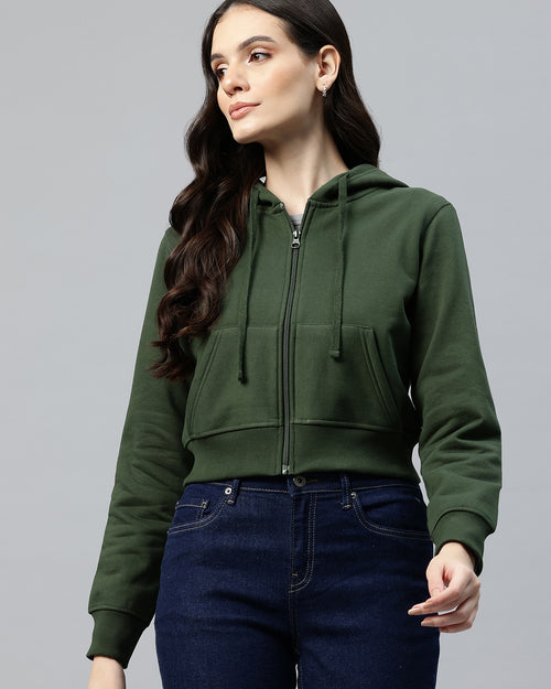 Green Crop Fleece Hooded Sweatshirt