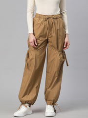 Taupe Loose Fit High-Rise Pure Cotton Parachute Cargo Trouser