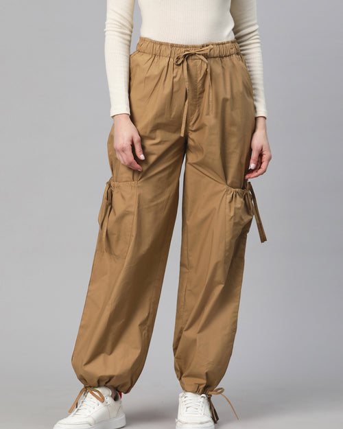 Taupe Loose Fit High-Rise Pure Cotton Parachute Cargo Trouser