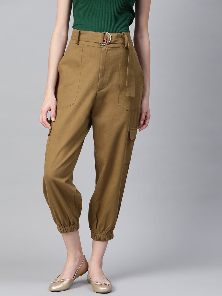 Women Khaki High-Rise Cargo Joggers with Belt