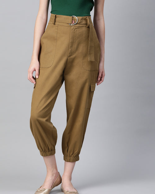 Women Khaki High-Rise Cargo Joggers with Belt