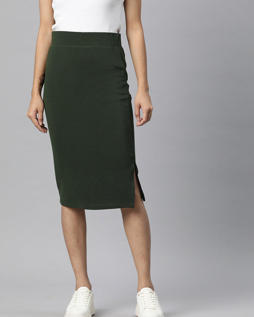 Olive Green Side Slit Pencil Skirt