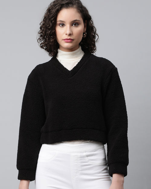 Black Cropped Faux Fur Sweatshirt