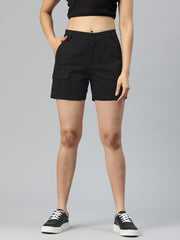 Black High-Rise Pure Cotton Cargo Shorts