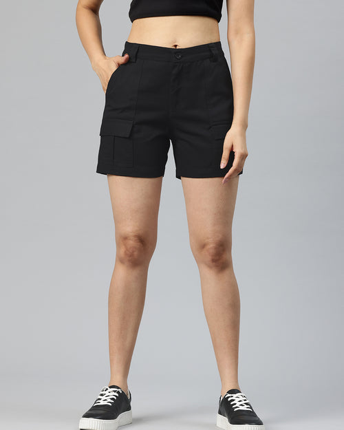 Black High-Rise Pure Cotton Cargo Shorts