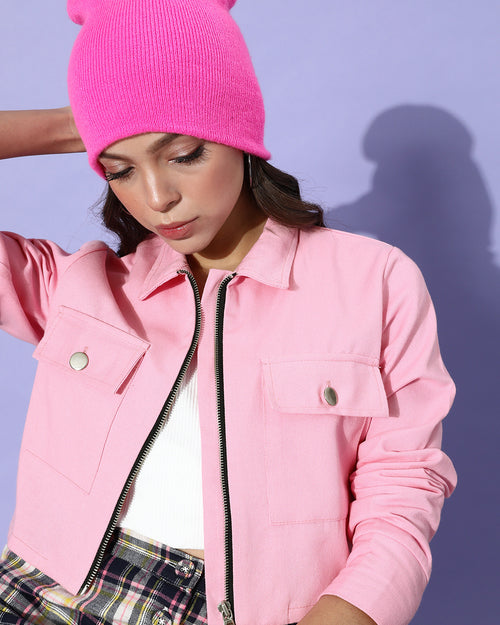 Women Pink Solid Pure Cotton Cropped Jacket