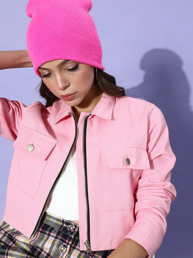 Women Pink Solid Pure Cotton Cropped Jacket