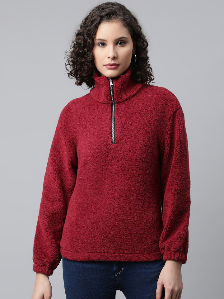 Women Maroon Faux Fur Sweatshirt, Half Zipper