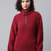 Women Maroon Faux Fur Sweatshirt, Half Zipper