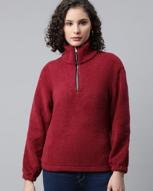 Women Maroon Faux Fur Sweatshirt, Half Zipper
