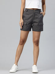 Charcoal High-Rise Pure Cotton Cargo Shorts