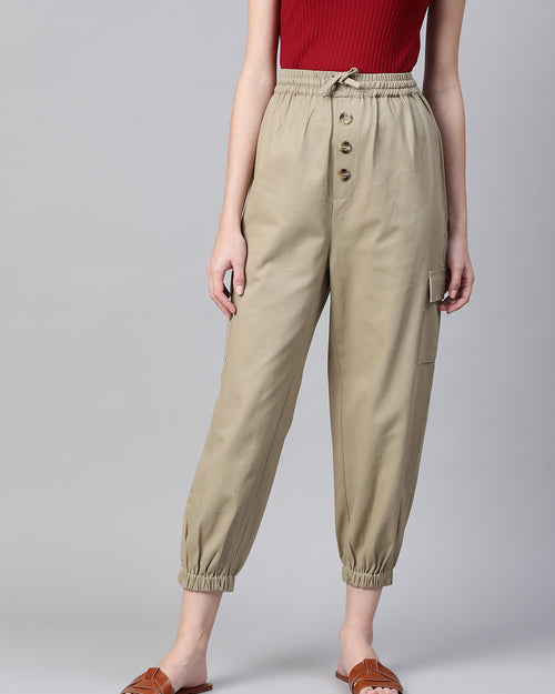 Women Beige Cotton Cropped Joggers