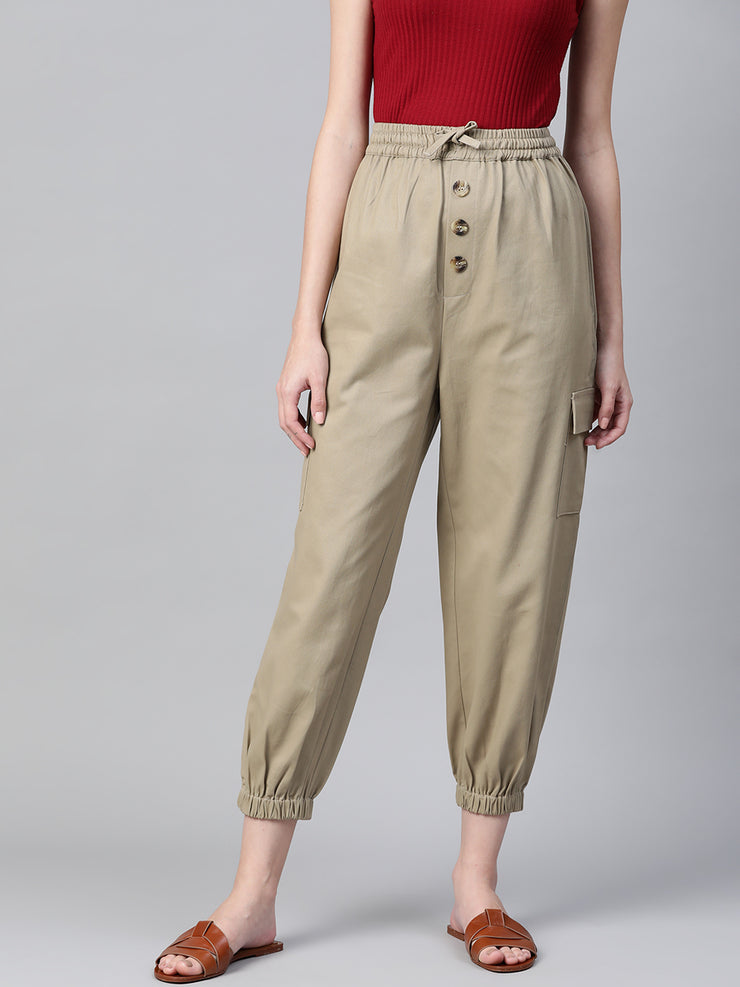 Women Beige Cotton Cropped Joggers