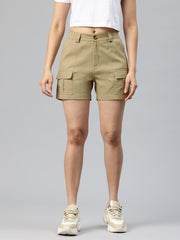 Beige High-Rise Pure Cotton Cargo Shorts