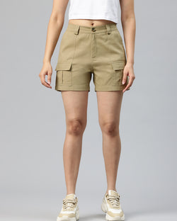 Beige High-Rise Pure Cotton Cargo Shorts