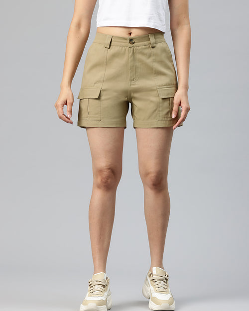 Beige High-Rise Pure Cotton Cargo Shorts