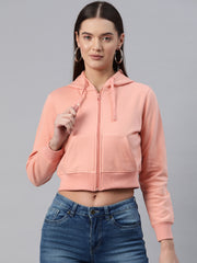 Peach-Coloured Hooded Cropped Fleece Sweatshirt