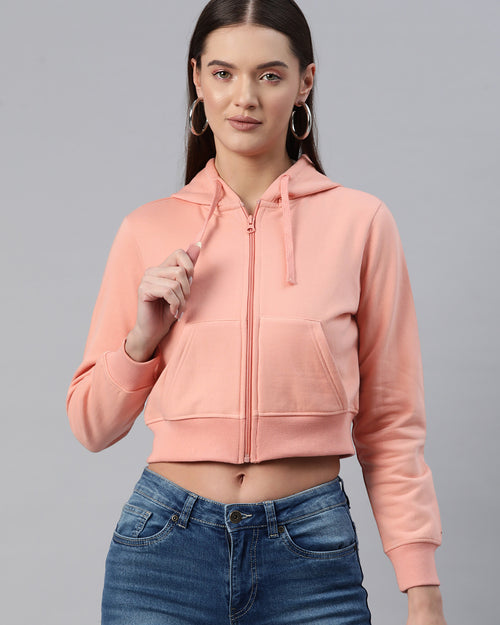 Peach-Coloured Hooded Cropped Fleece Sweatshirt