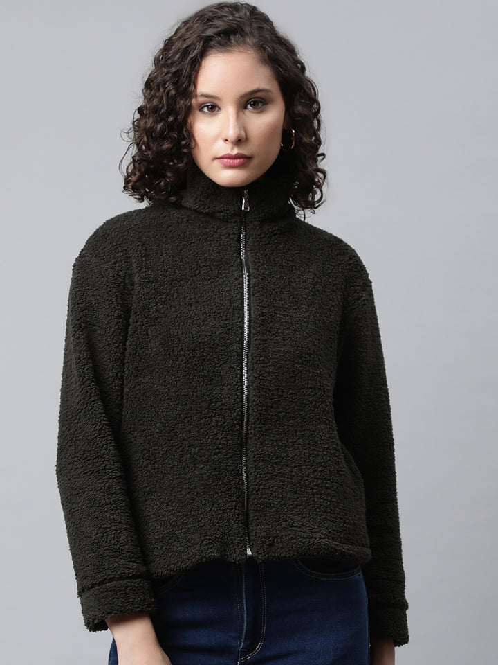 Woman Green Faux-Fur Sweatshirt, Full Zipper
