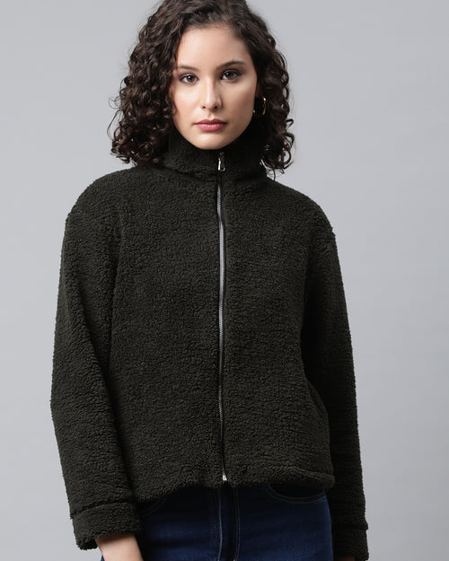 Woman Green Faux-Fur Sweatshirt, Full Zipper