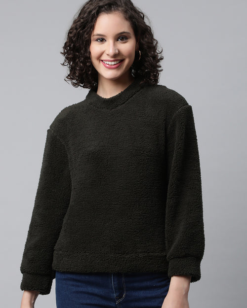 Woman Olive Green Faux Fur Sweatshirt