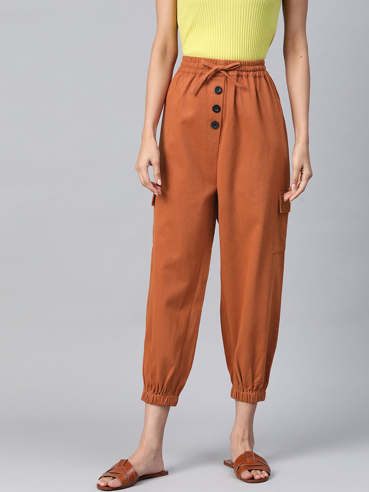 Women Rust Orange High-Rise Cargo Joggers