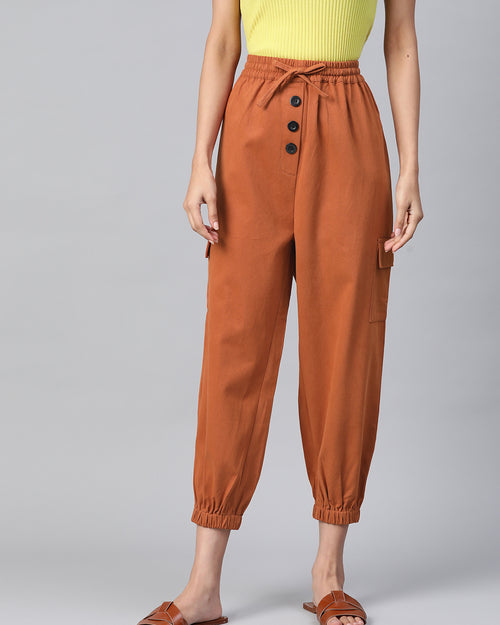 Women Rust Orange High-Rise Cargo Joggers