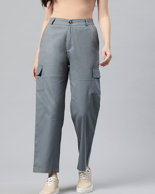 Grey Cotton High-Rise Cargos Trousers