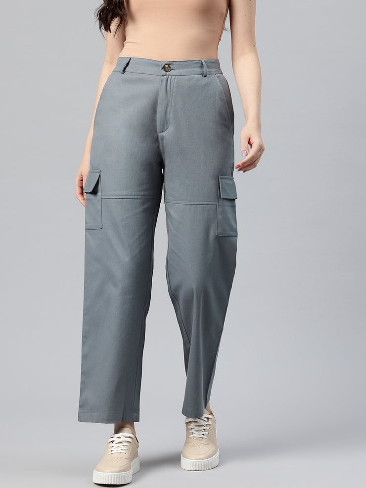 Grey Cotton High-Rise Cargos Trousers