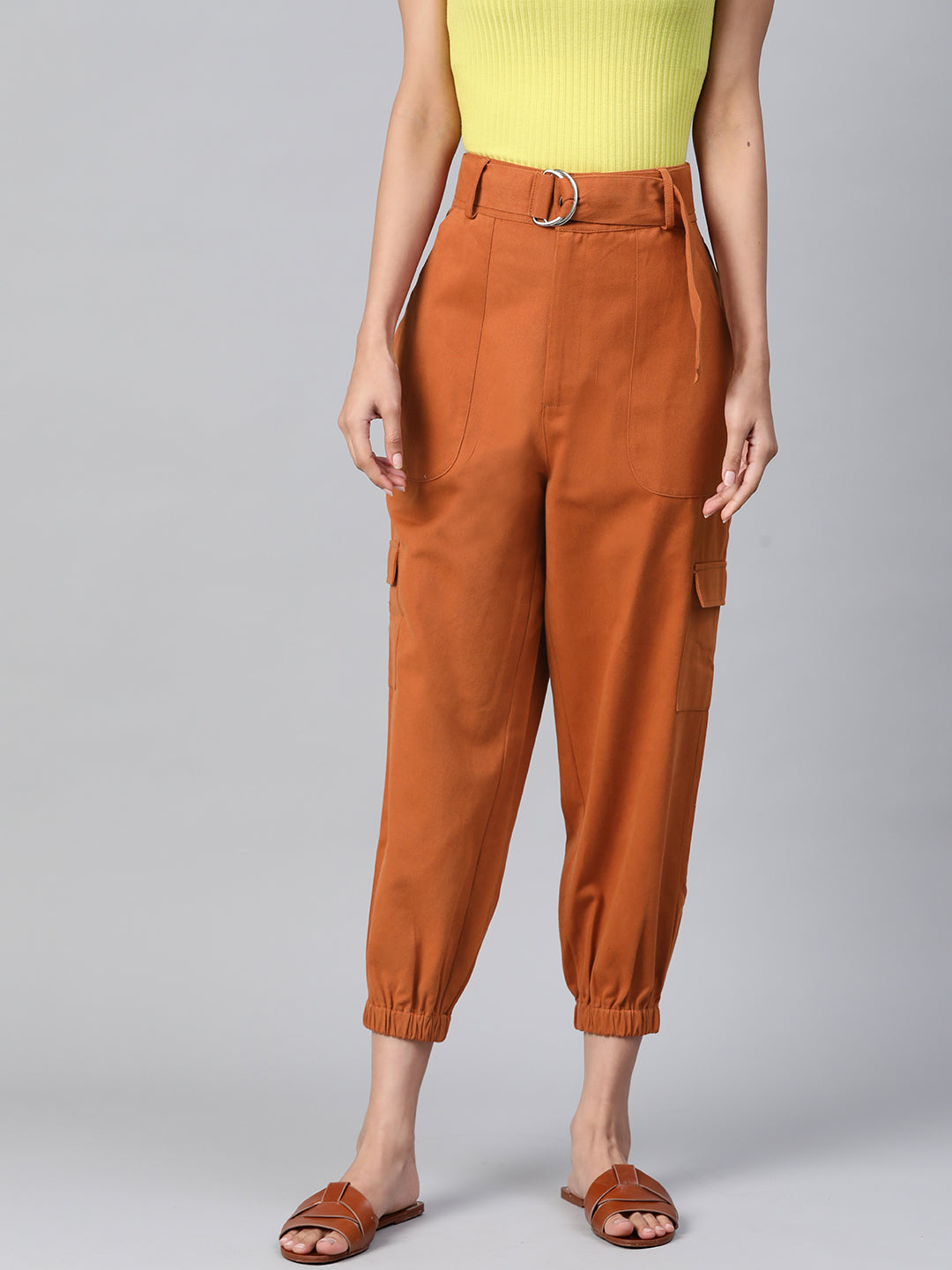 Women Rust Orange Cotton Cropped Cargo Joggers with Belt