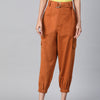 Women Rust Orange Cotton Cropped Cargo Joggers with Belt