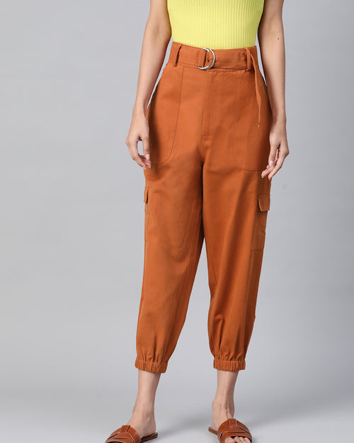 Women Rust Orange Cotton Cropped Cargo Joggers with Belt