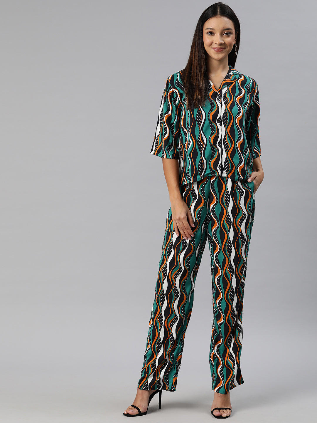 Turquoise Blue,Brown and Black printed Co-Ords