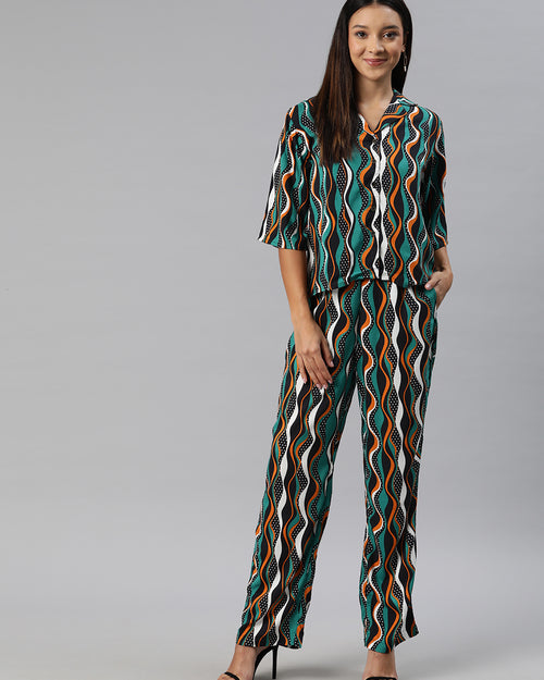 Turquoise Blue,Brown and Black printed Co-Ords