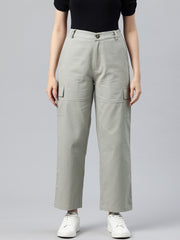 Grey Flat-Front High-Rise Pure Cotton Cargos