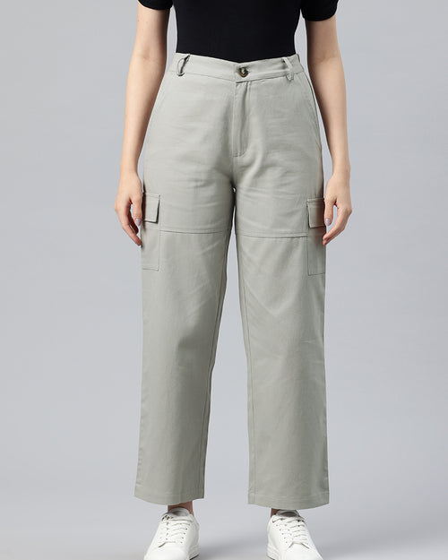 Grey Flat-Front High-Rise Pure Cotton Cargos