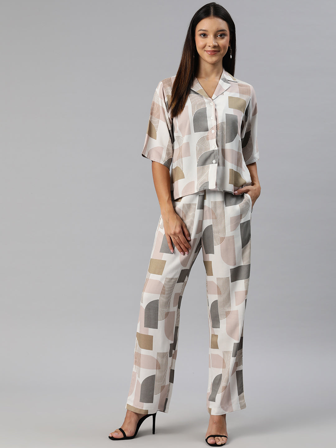 White, grey & Brown Printed Co-Ords
