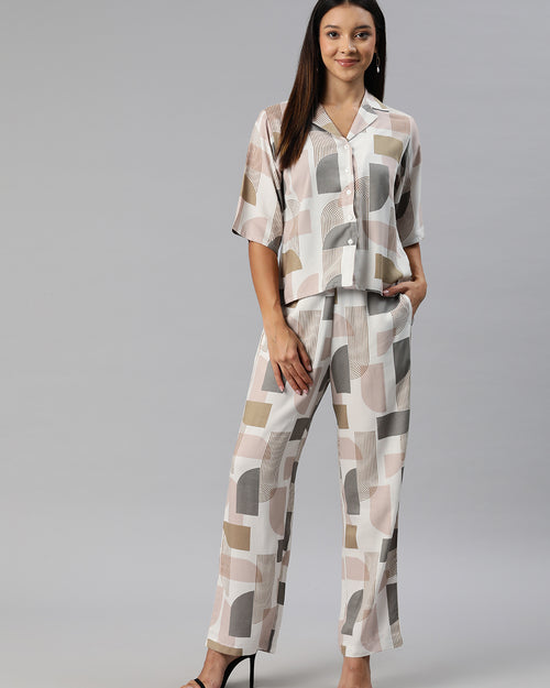 White, grey & Brown Printed Co-Ords