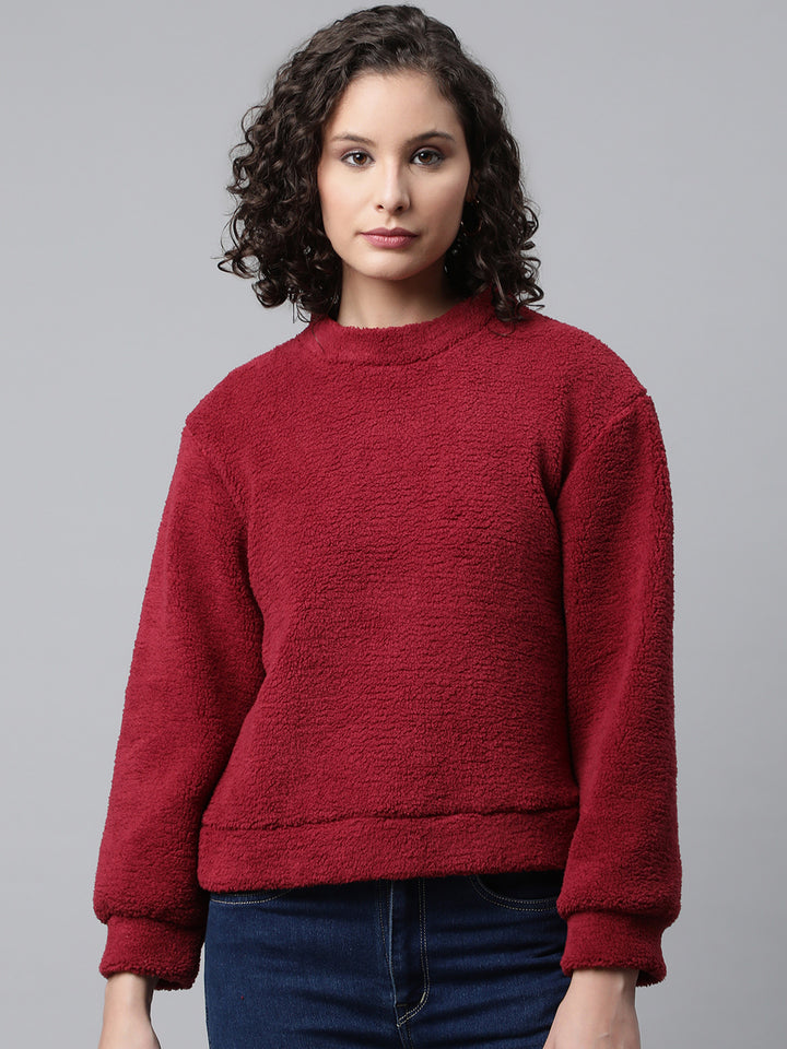 Woman Maroon Faux Fur Sweatshirt