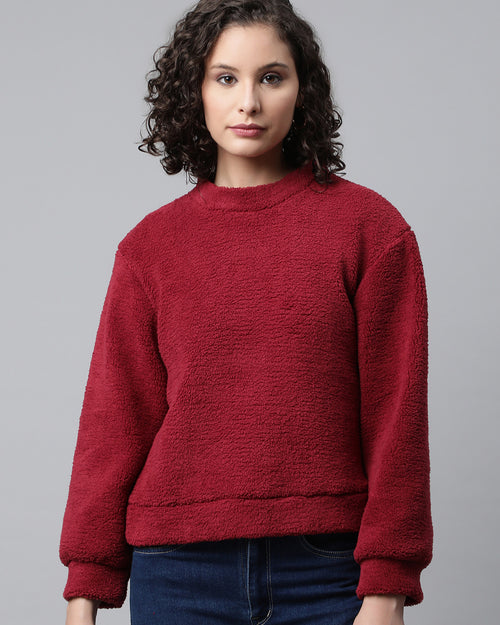 Woman Maroon Faux Fur Sweatshirt